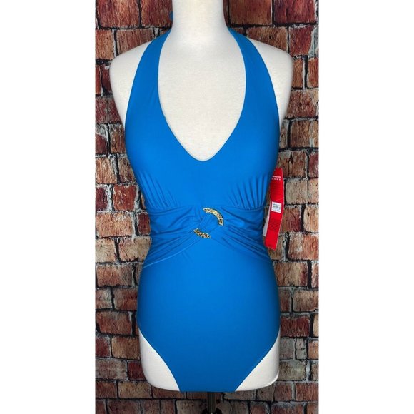 NWT Spanx Bayside Blue Halter One Piece Shaping Slimming Belted Beauty Swimsuit - Picture 2 of 7